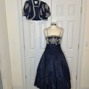 Claires Collection  Silk Elegant Navy Blue Crystal Embellished Dress & Bolero